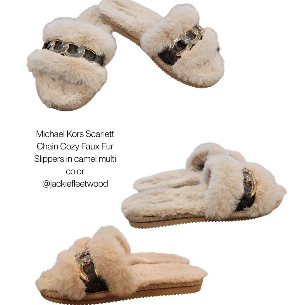 Michael Kors Scarlett Chain Cozy Faux Fur Slippers in camel multi color